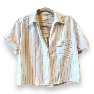 Every Cropped Blouse Sz M White Tan Stripes V-neck Cuffed Sleeves